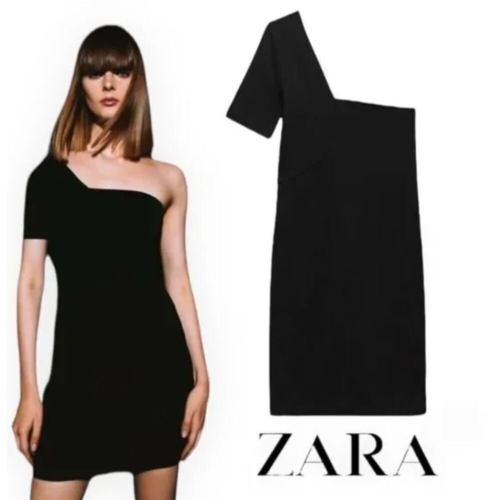 ZARA Black RIBBED Asymmetric Short Sleeve Dress Size Large